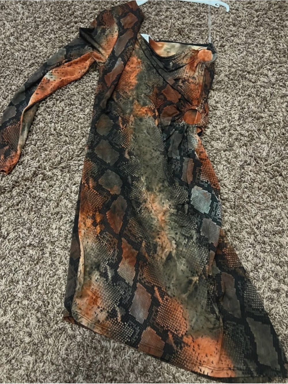 Snake-Print One-Shoulder Dress in Orange & Black